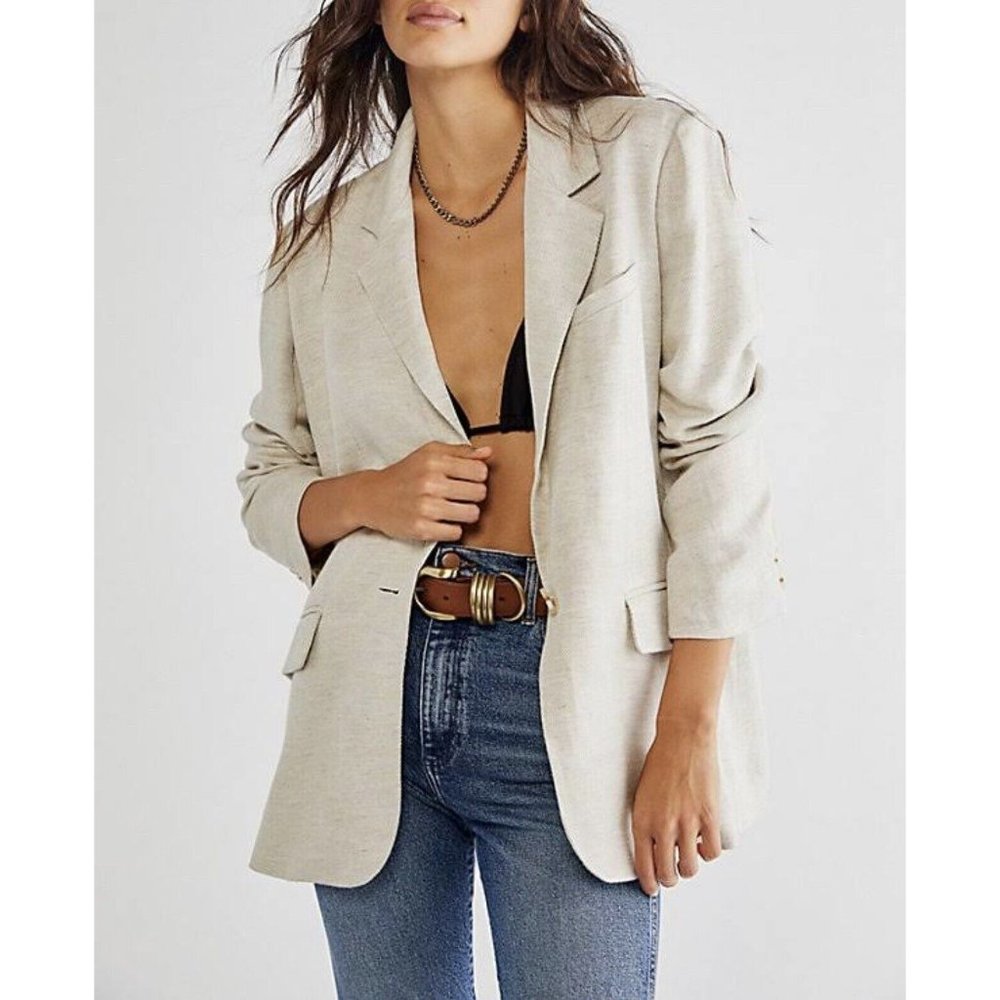Free People Ivory Linen Blend Oversized Boho Minimalist Blazer Sz L